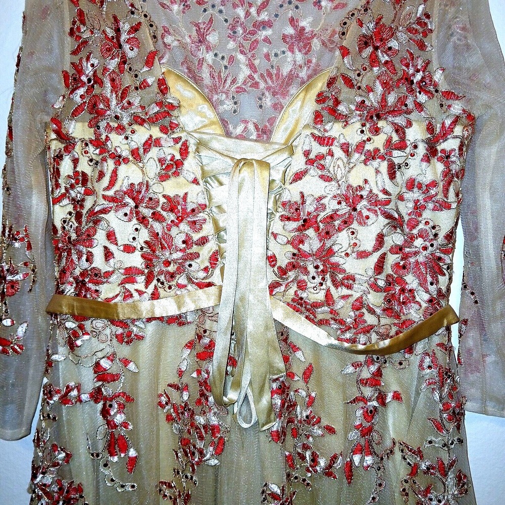 SPECIAL OCCASION Embroidered Red Rhinestone Women Long Dress Gown 18 Sheer Nude - Picture 8 of 14